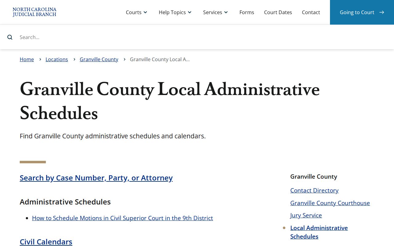 Granville County criminal court case calendars and schedules