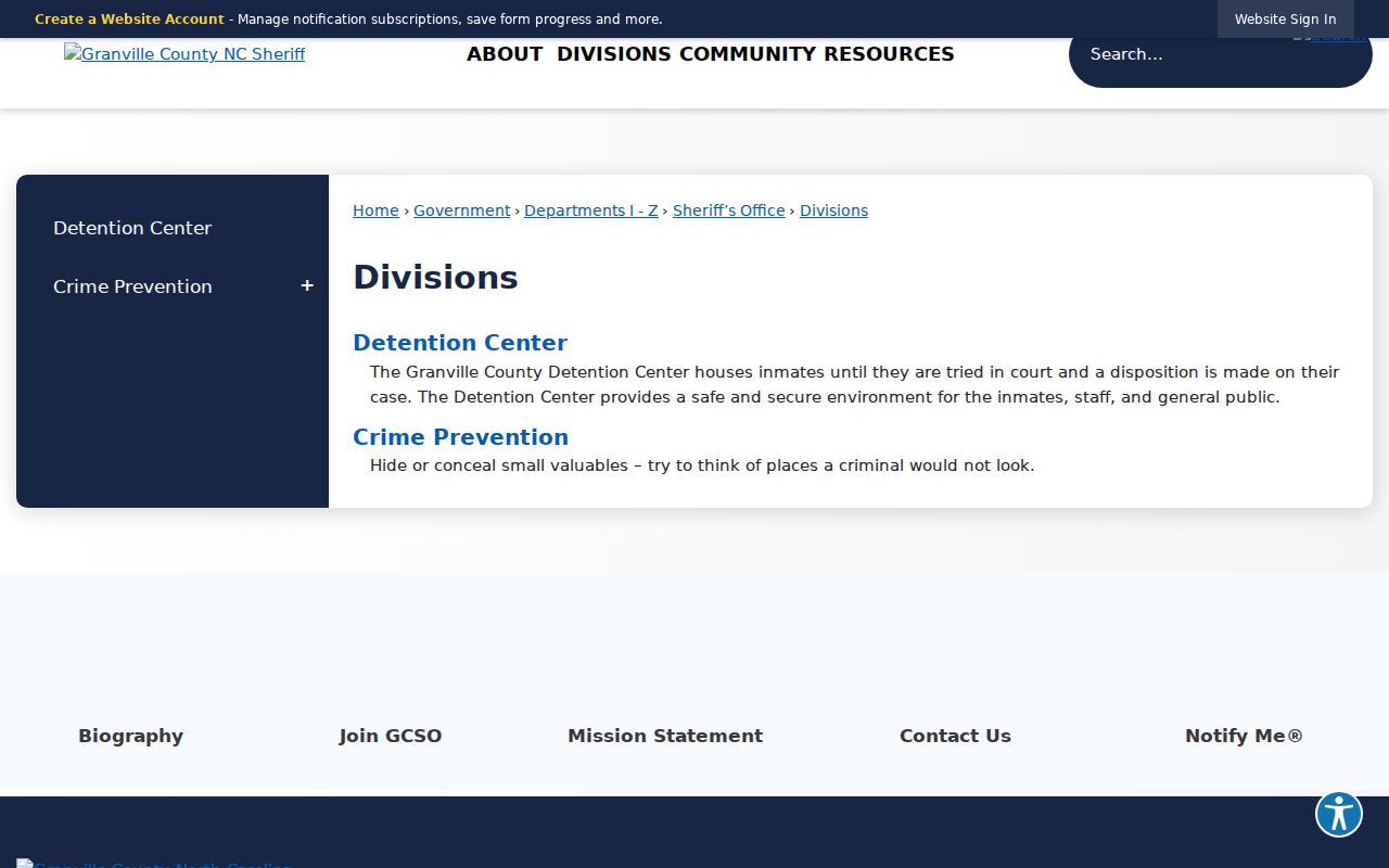Granville County criminal history detention center division information