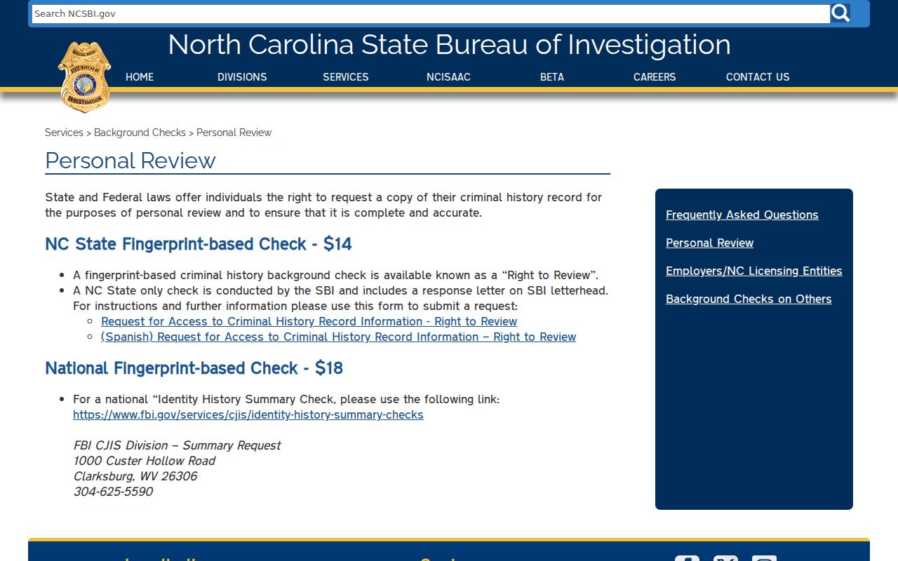 Granville County criminal history Right to Review instructions from NCSBI